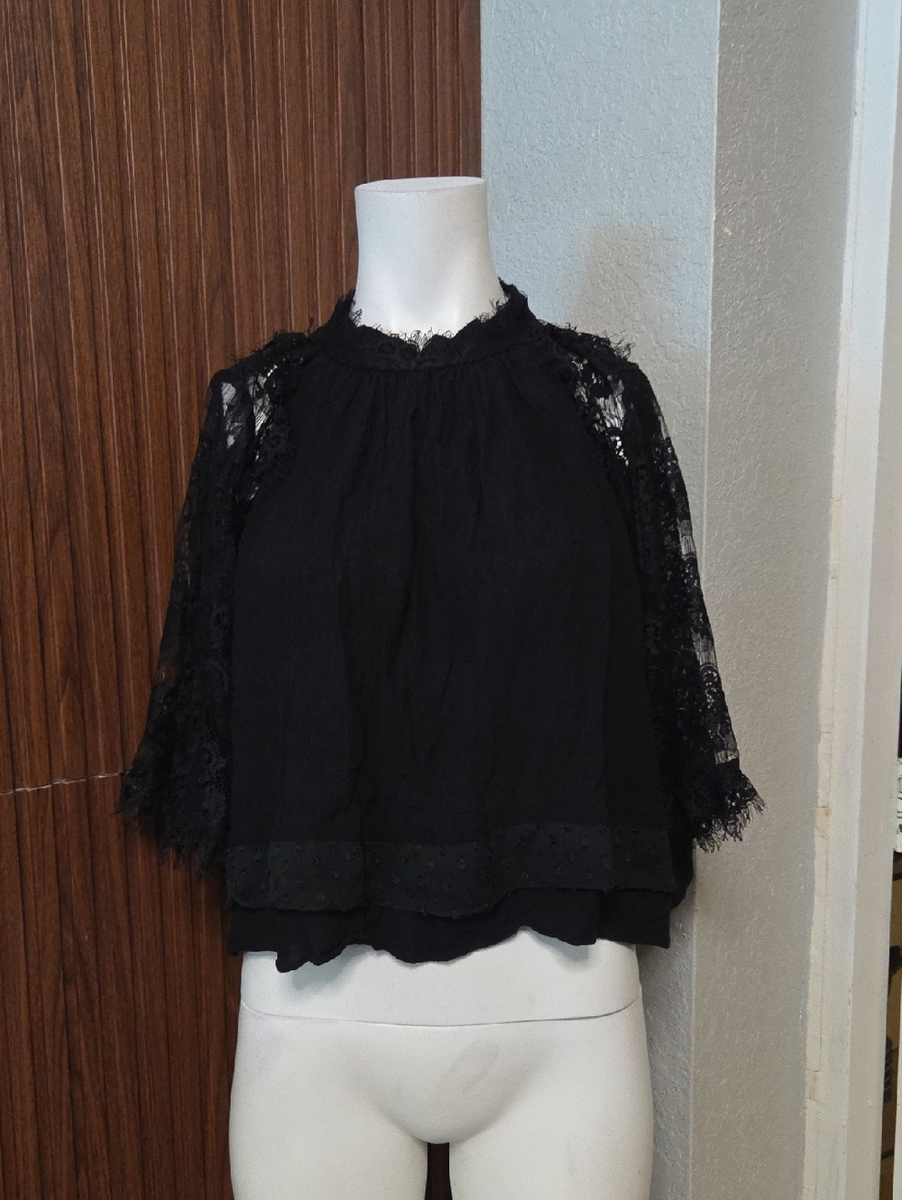 Zara Woman Premium Denim Collection Black Lace Top 3/4 Sleeve Size S [1141]